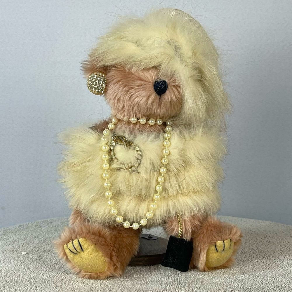 Glamorous Teddy Bear w/ Fur Stole & Vintage Jewelry Repurposed